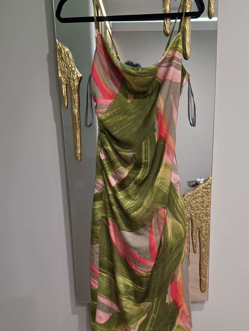 BCBG Olive Green and Pink Abstract Slip Midi Dress